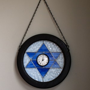 Jewish Star of David Stained Glass Round Wall Clock Blue and White by Kolor Waves Glass image 2