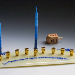 Jewish Hanukkah Chanukkah Menorah Ivory & Blue Glass Candleholder