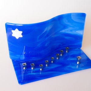 Hanukkah Chanukkah Menorah Jewish Candleholder Blue White Glass