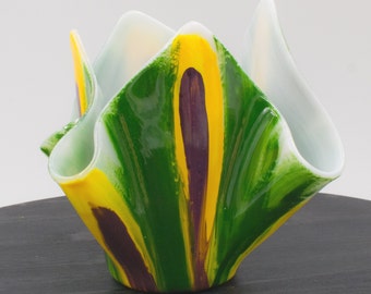 Green Yellow Purple stained-glass votive candle holder OR vase kiln-formed fused glass gift