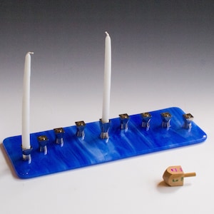 Stained Glass Hanukkah Menorah: Blue Streaky Glass, Stainless Steel Candle Holders