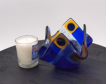 Yahrzeit Jewish Memorial Candle Holder Blue with Amber "Pieces of Memories" Kiln-formed Fused Glass