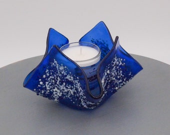 Yahrzeit Jewish Memorial Candle Holder "Memories" Crushed Glass On Clear Blue Stained-Glass Kiln-formed Fused