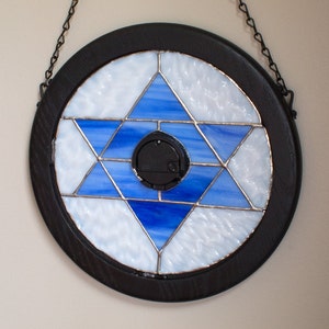 Jewish Star of David Stained Glass Round Wall Clock Blue and White by Kolor Waves Glass image 3