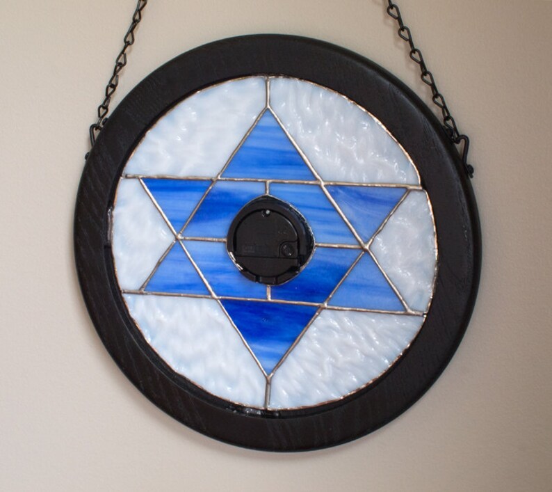 Jewish Star of David Stained Glass Round Wall Clock Blue and White by Kolor Waves Glass image 3