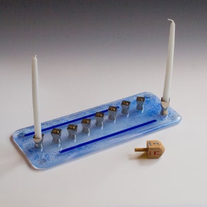Blue Stained Glass Hanukkah Menorah with Stainless Steel Candle Holders