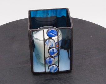 Yahrzeit Jewish Memorial Candle Holder Blue Stained Glass with Glass Nuggets "Trail of Memories"
