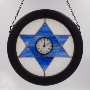 Jewish Star of David Stained Glass Round Wall Clock Blue and White by Kolor Waves Glass image 1