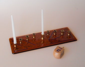 Jewish Hanukkah Chanukkah Menorah Candleholder Amber Blue Glass Kiln Formed Fused Glass