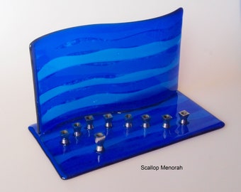 Chanukkah Hanukkah Scallop Wave Menorah Jewish Candleholder Kiln Formed Stained-Glass Wedding Gift Housewarming