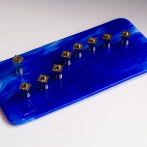 Blue Stained Glass Hanukkah Menorah: Kiln Formed Candleholder SKU 20N