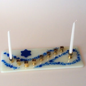 Fused Glass Hanukkah Menorah: Ivory & Blue Star of David Candleholder