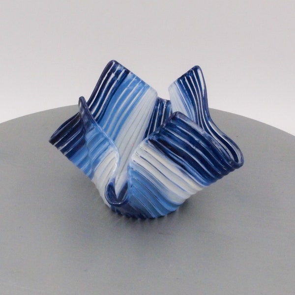 Yahrzeit Jewish Memorial Candle Holder Blues and White Stripes Stained Glass Kiln-formed Fused