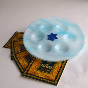 Passover Seder Plate Glass with Blue Star of David for Jewish Holiday
