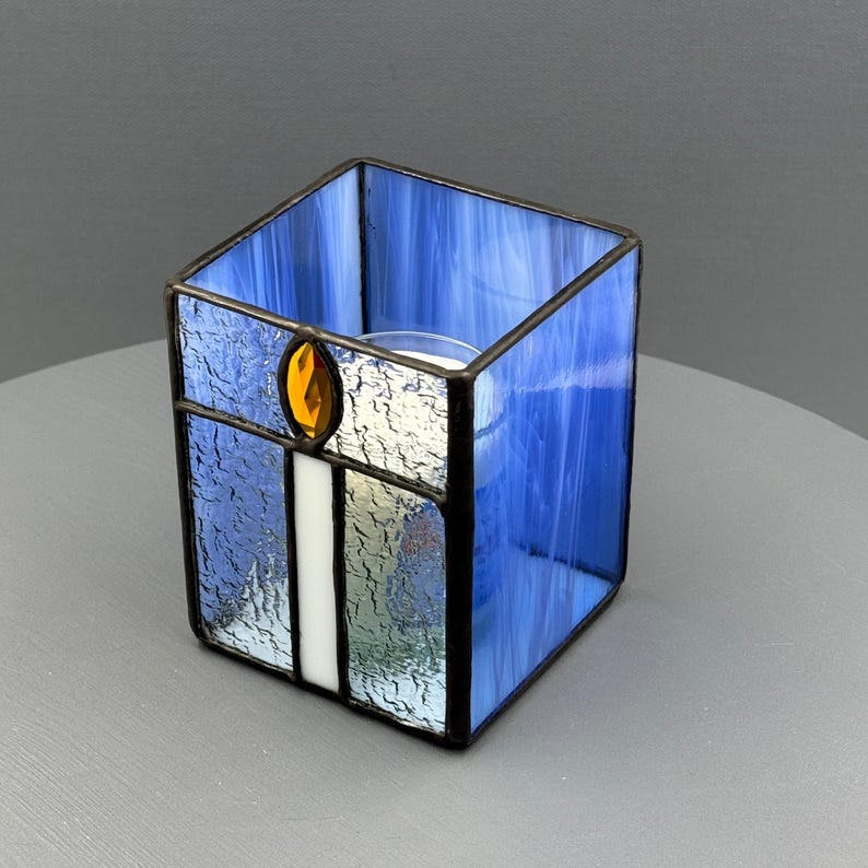 Yahrzeit Jewish Memorial Candle Holder Blue/white Stained-Glass SKU Y1235C