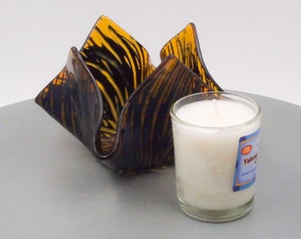Yahrzeit Jewish Memorial Candle Holder Blue on Amber Stained Glass Kiln-formed Fused