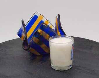 Yahrzeit Jewish Memorial Candle Holder Amber and Blue Kiln-formed Fused Glass