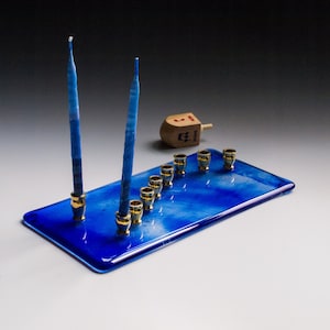 Hanukkah Menorah Jewish Candleholder Blue Glass