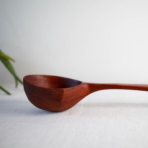 May include: A wooden ladle with a long, curved handle. The ladle is made of a reddish-brown wood and has a smooth, polished finish.