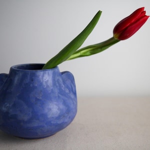 May include: A blue ceramic vase with two handles holds a red tulip with a green stem and leaf. The vase has a textured surface and a round shape. The flower is in full bloom.