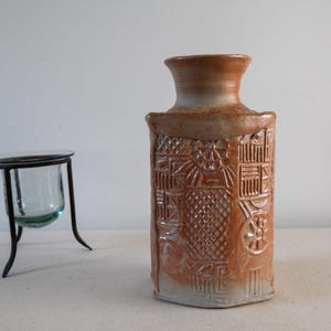 Vintage impressed, stamped stoneware studio pottery vase / bottle