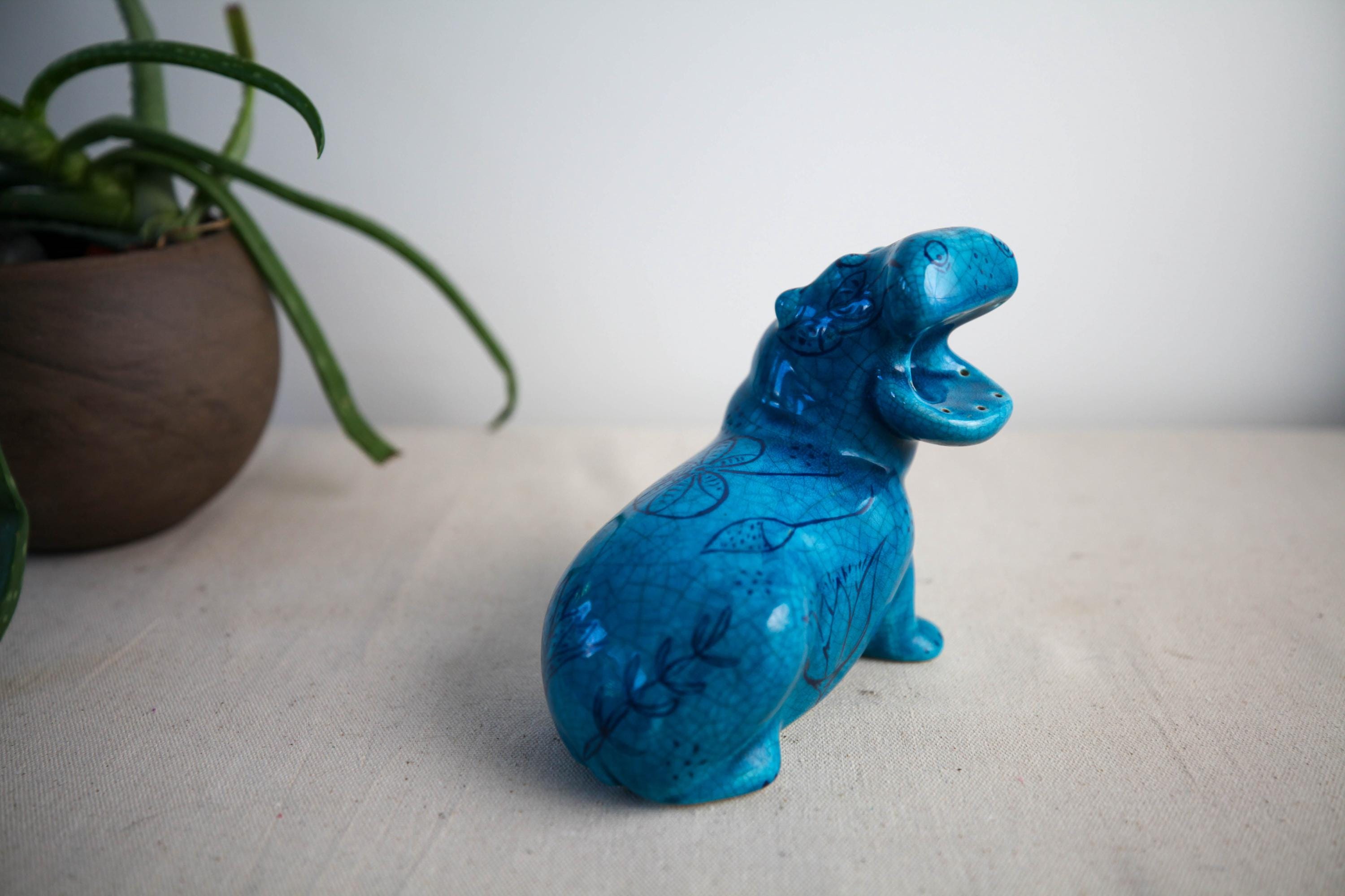 Vintage Mid Century Hippo Sculpture, Egyptian Faience Style