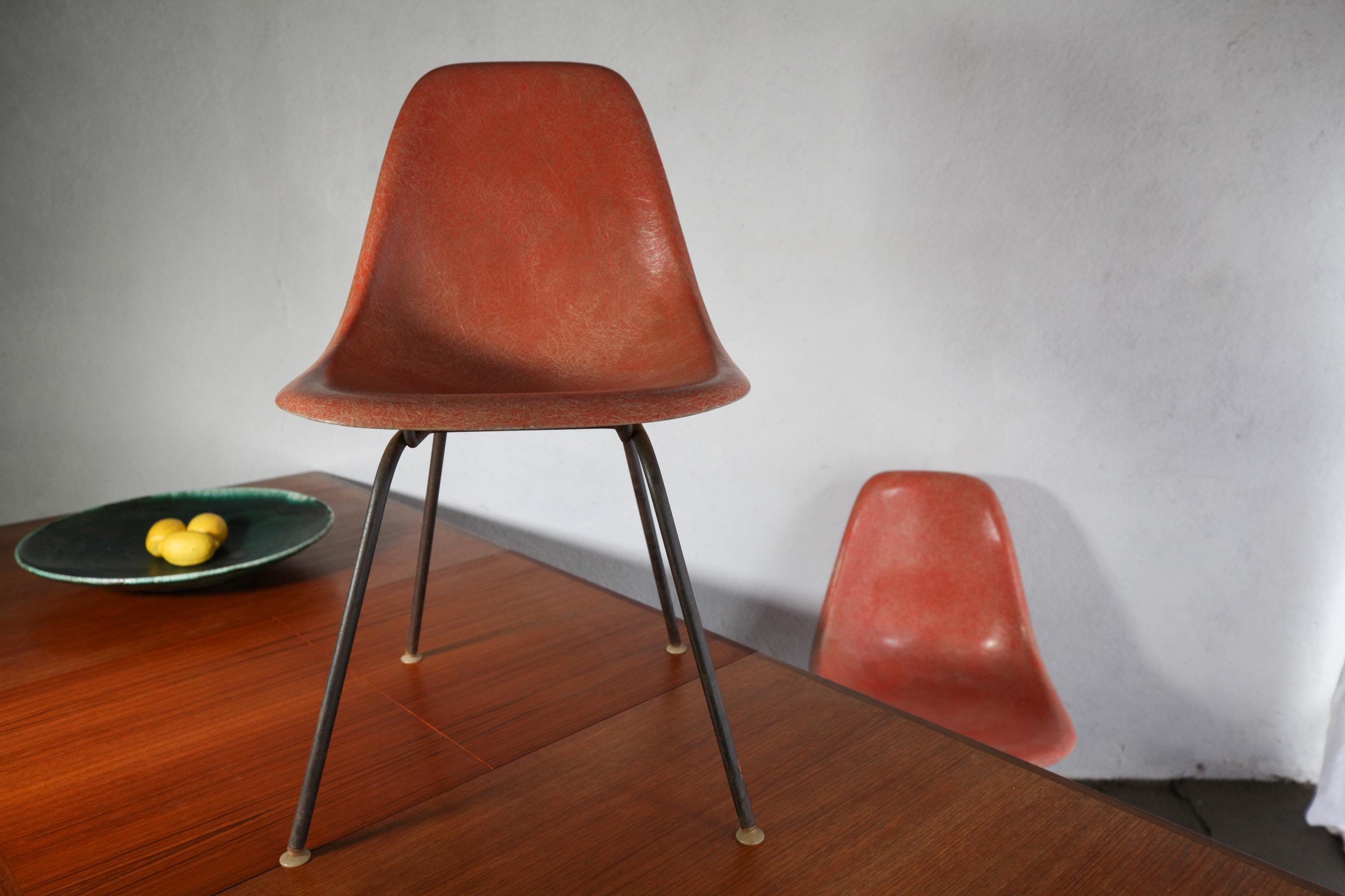 Vintage 1950s Eames Fiberglass Shell Side Chairs in Red - Two