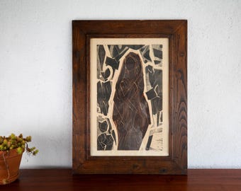Vintage abstract expressionist woodcut behind glass in wood frame, c. 1955