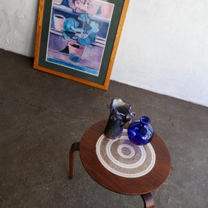 Small vintage mid century modern tripod round table with tile inset
