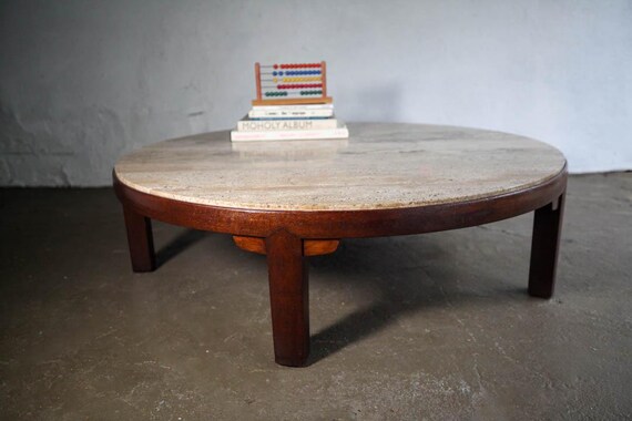 Large travertine and mahogany round coffee table by Edward Wormley for Dunbar, c. 1940s