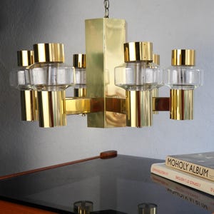 Vintage brass and glass Italian modern space age chandelier for six lights, c. 1970s