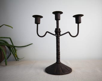 Vintage / antique three candle folk art handmade iron candelabra