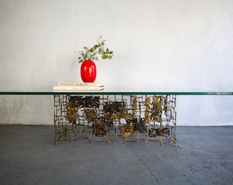 Vintage mid century modern brutalist Silas Seandel nailhead coffee table - signed and dated
