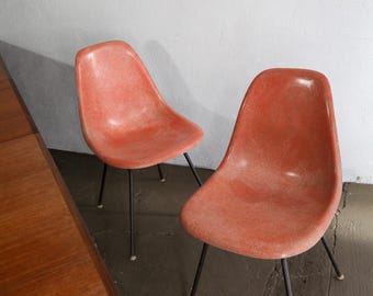Vintage 1950s Eames Fiberglass Shell Side Chairs in Red - Two