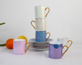 Set of six Art Deco / MCM espresso cups and saucers - Pearl lusterware iridescent glaze