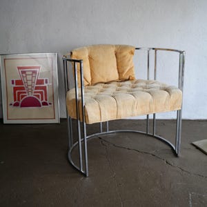 Vintage chrome Milo Baughman barrel lounge chair with original cream velvet upholstery