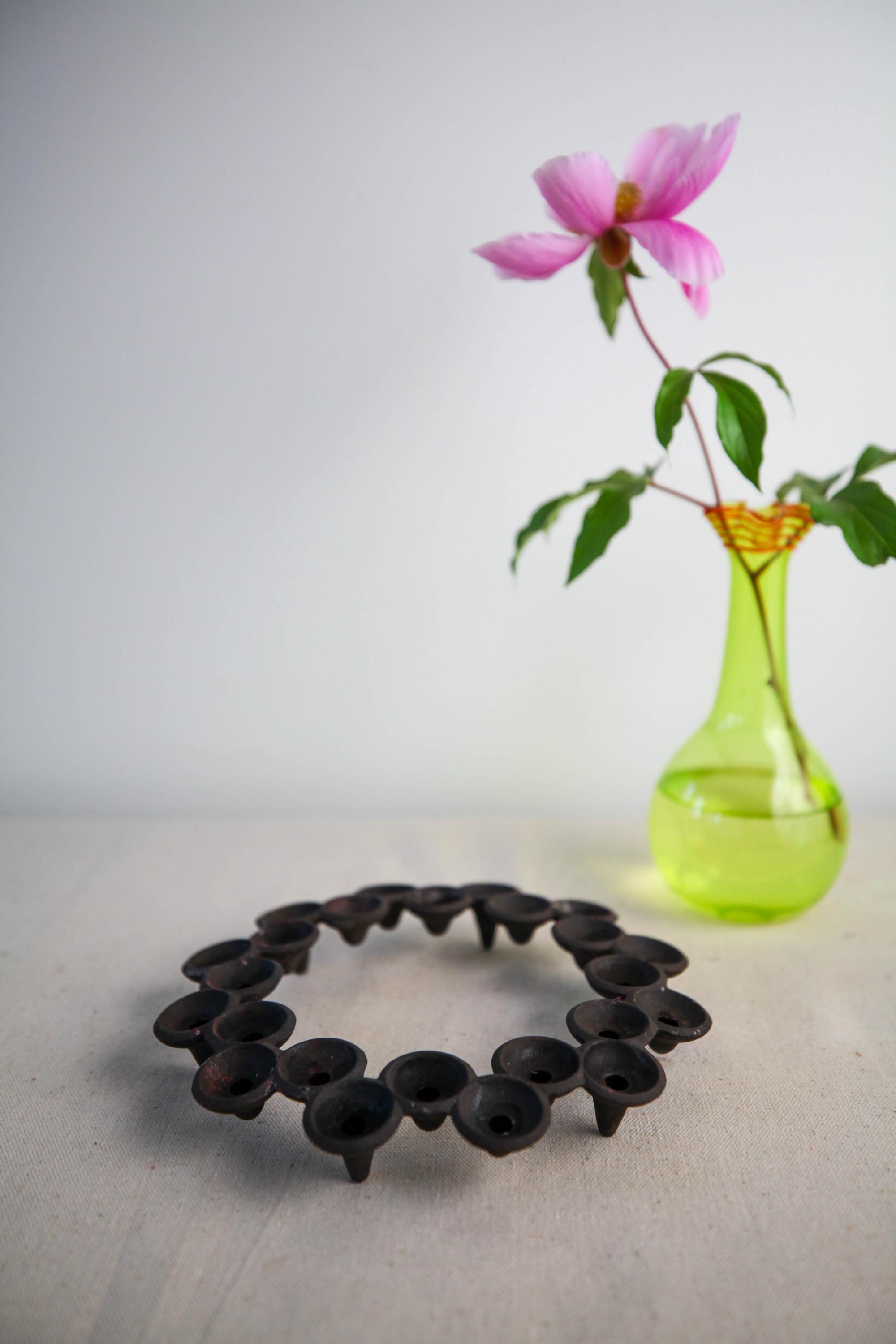 Dansk “Scandia” cast iron brutalist cluster ring candelabra for slender taper candles