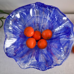 Vintage large Murano blue iridescent art glass centerpiece bowl or fruit bowl