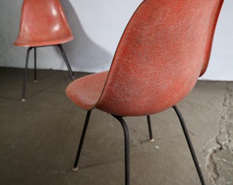 Vintage 1950s Eames Fiberglass Shell Side Chairs in Red - Two
