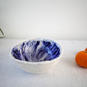 Vintage modernist blue and white ceramic studio pottery dish / bowl