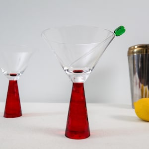 Vintage postmodern red stemmed martini glasses, pair