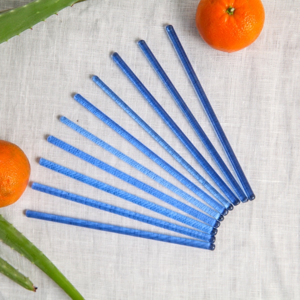 Lovely vintage blue glass swizzle sticks for cocktails - sets of two, ten available