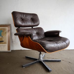 Vintage Eames style lounge chair - brown leather seat and walnut bent ply back