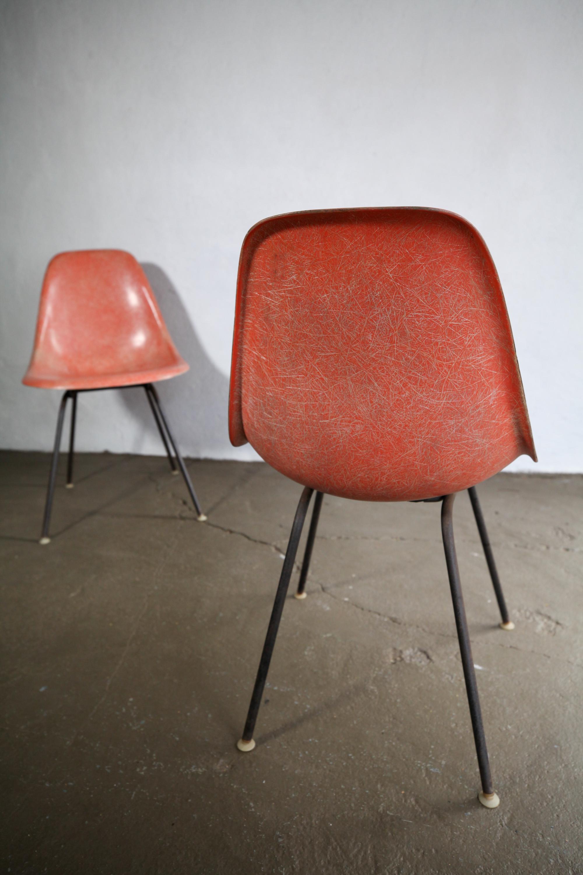 Vintage 1950s Eames Fiberglass Shell Side Chairs in Red - Two