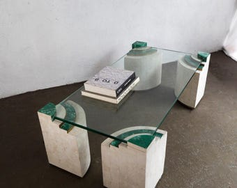 Vintage modernist glass, mactan stone, brass and jade tessellated coffee table