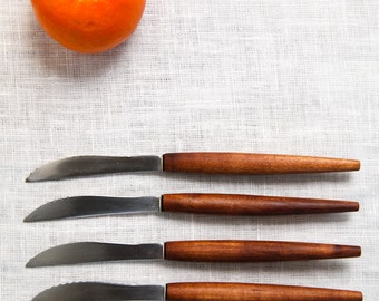 Vintage Japanese modern small serrated knives with teak handles - set of four