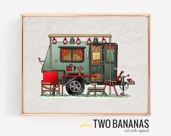 Trek Travel Pods | Travel Trailer | Camper Van | Vanlife | Happy Camper Art Print | Whimsical | Camper Print Wall Decor | Glamping Decor