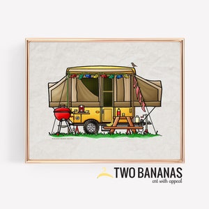 Lightweight Foldout Camper Trailer | Camper Van | Vanlife | Happy Camper Art Print | Whimsical | Camper Print Wall Decor | Glamping Decor
