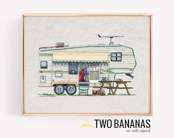 Whimsical 5TH Wheel Camper | Travel Trailer | Camper Van | Vanlife | Happy Camper Art Print | Camper Print Wall Decor | Glamping Decor