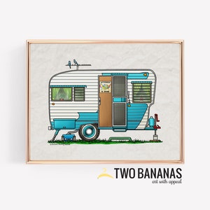 Deluxe Happy Camper Art Print | Travel Trailer | Camper Van | Vanlife | Whimsical | Camper Print Wall Decor | Glamping Decor